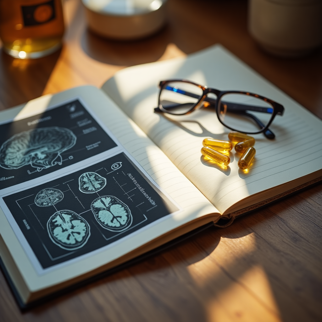 Notebook and omega-3 capsules beside brain scan images — representing scientific research on memory and brain fog in midlife