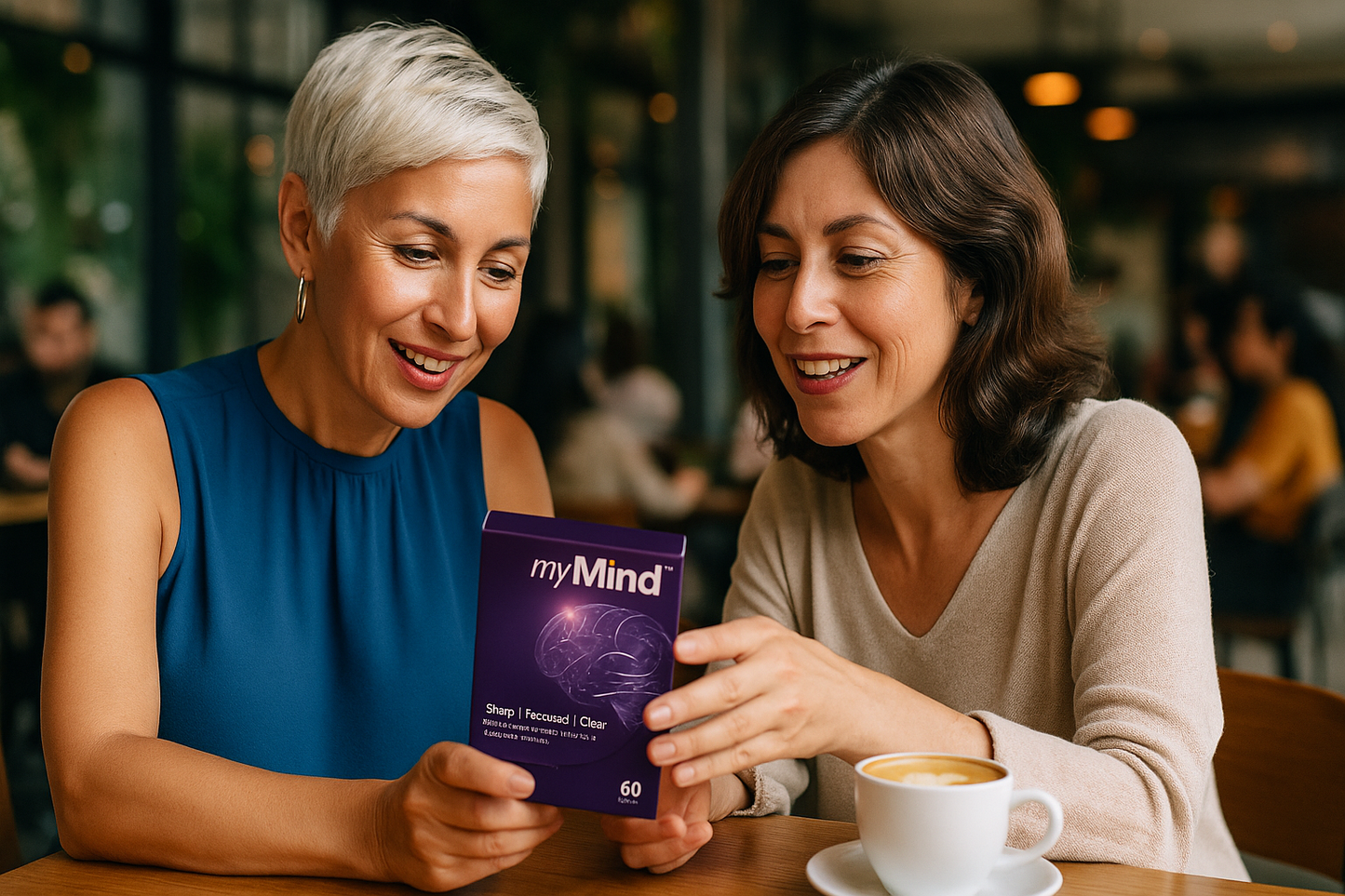 TWo women in a cafe discussing myMind supplement over coffee