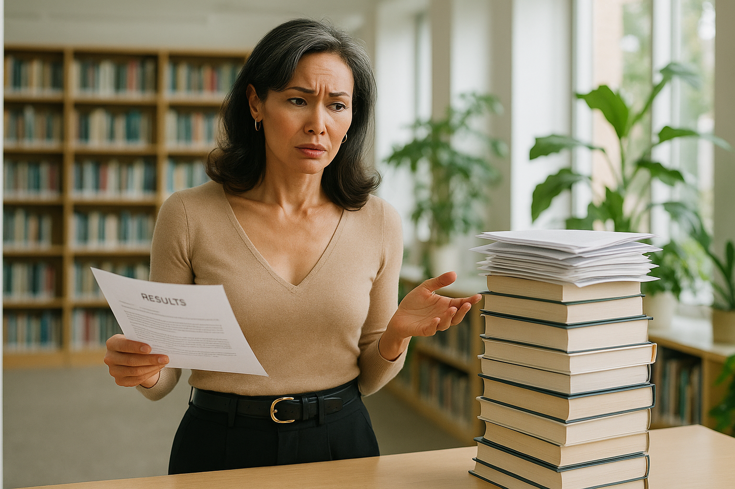 Midlife (e.g. 48 woman) of mixed ethnic heritage Irish-Thai. She is looking at a stack of book and research papers, with a questioning face and just one sheet of paper of results in her hand. She is embodying too much information, but then none of which is relevant to her. She is in a library context, but it is light, fresh with some greenery. She is elegantly dressed and stylish. there is a hint of sexiness
