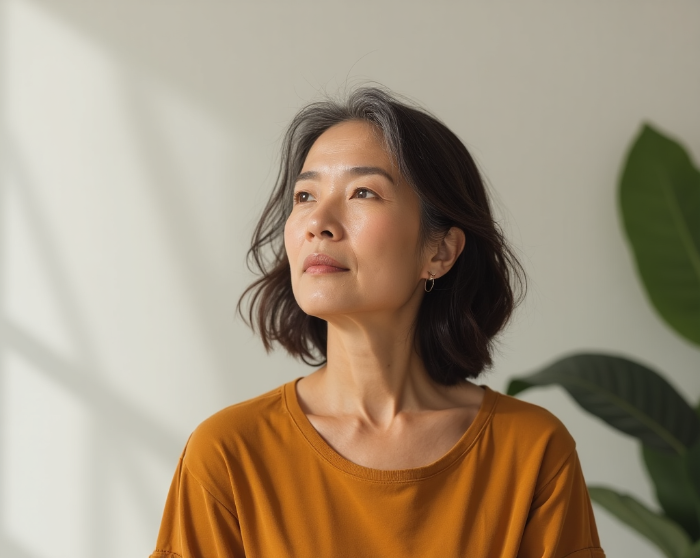 Woman wearing a mustard yellow shirt with a plant in the background