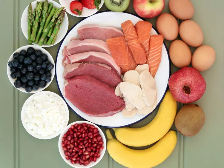 Foods rich in Vitamin B6, B9 and B12 - red meat, salmon, eggs, bananas, blueberries, asparagus and strawberries