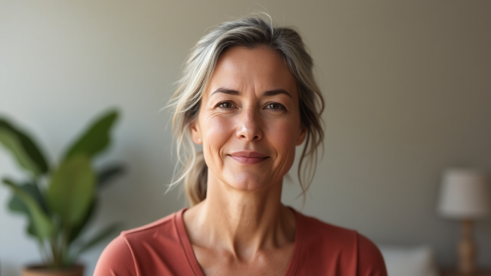 Woman with gray hair wearing a red shirt in a home setting